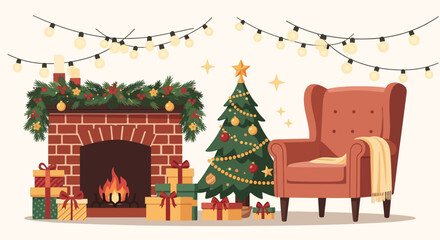 Cozy christmas living room with fireplace, gifts, and decorated tree