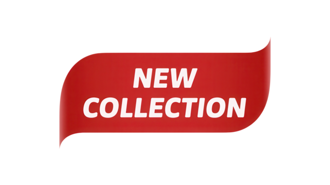 Bold red ribbon banner announcing new collection with white text isolated on transparent background