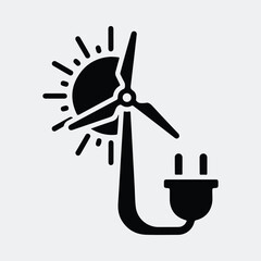 Silhouette wind turbine with sun and electrical plug Vector illustration