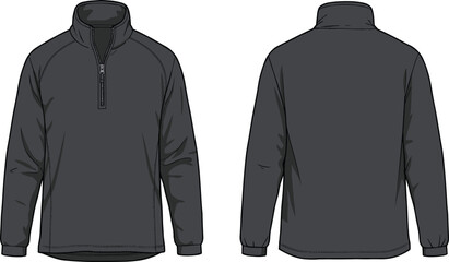 Dark quarter zip pullover jacket front and back view vector illustration, athletic casual wear design, long sleeve sportswear fashion © Eyaruna's World