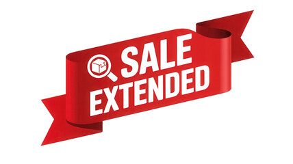 Red ribbon banner announcing sale extended with magnifying glass icon isolated on transparent background