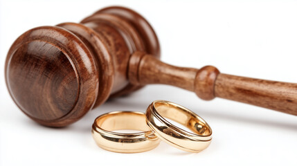 Legal symbols represent marriage commitment with rings and gavel during wedding ceremony or divorce proceedings Generative AI