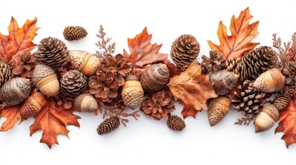 A festive autumnal garland of pine cones, acorns, and maple leaves on a white background.