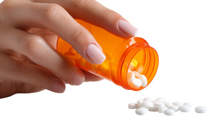 Hand pouring white pills from an orange container on a white background at a health-related setting Generative AI