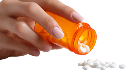 Hand pouring white pills from an orange container on a white background at a health-related setting Generative AI