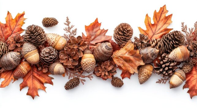 A festive autumnal garland of pine cones, acorns, and maple leaves on a white background.