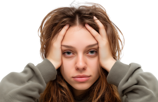 Feeling overwhelmed with stress, a young adult struggles with emotions in a simple indoor setting Generative AI