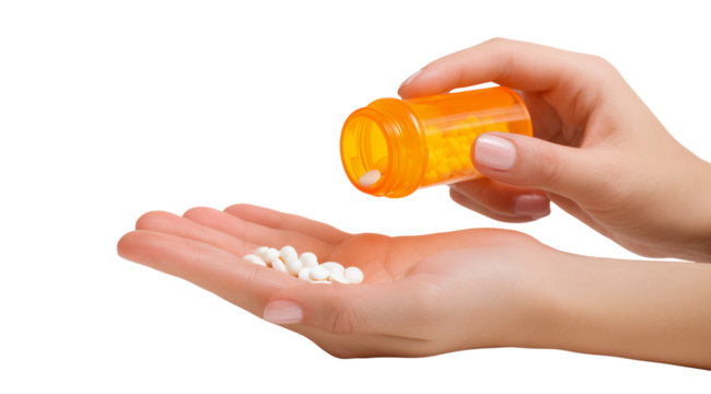 Hands pouring white pills from an orange bottle into a palm for medication management at home Generative AI