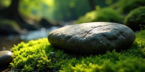 Nature s Sacred Offering A smooth, weathered river stone rests on a bed of vibrant green moss in a forest. Dappled sunlight filters through the leaves, creating a magical, serene illumination on the