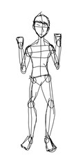 A sketch of male character anatomy pose with construction lines for drawing tutorial concept.