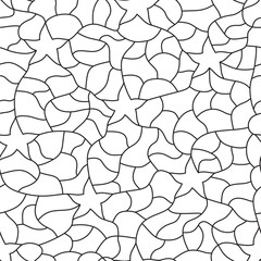 Seamless mosaic pattern. White and black colors. Wavy lines. Ornamental pattern. Stars and lines.