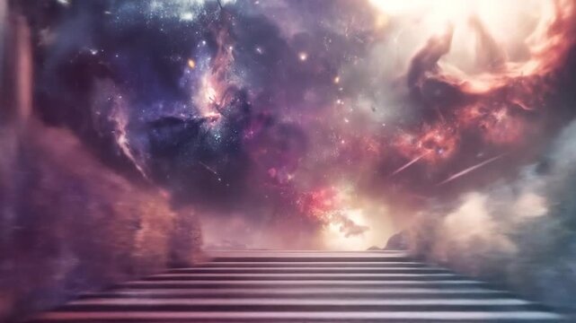Mystical stairway ascending into a vibrant cosmic sky, an ethereal path through nebulae and stars, digital fantasy art, spiritual journey.
