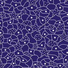Seamless mosaic texture. Vector blue background. Geometric pattern. Lines, stars and dots. White lines and dots on blue or violet background