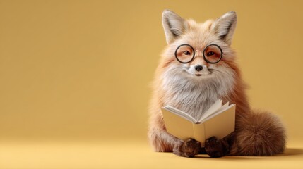 Cute fox with round glasses holding a book on pastel yellow background, back to school theme