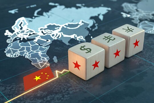 Currency dice with dollar yuan and euro symbols over world map and china flag on rising trend line