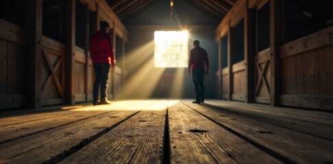 Nativity Holy Scene Peaceful Stable Interior with Gentle Light An atmospheric, soft focus view inside a rustic stable. Rays of golden light filter through cracks in the wooden structure, illuminating