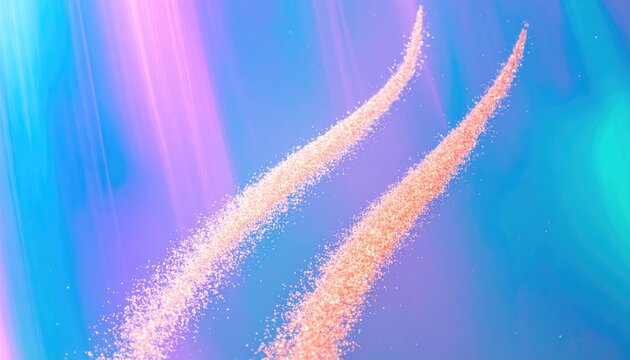 Two glittering, light-orange trails ascend against a vibrant, abstract background of blue and pink