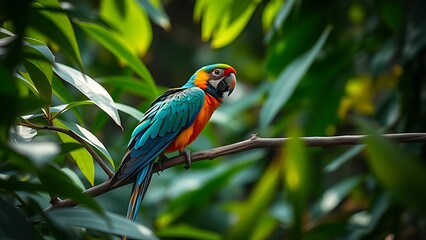 Obraz premium parrot. A parrot perched on a tropical rainforest branch surrounded by lush green leaves. wildlife magazines, conservation campaigns, designed for wildlife conservation campaigns.