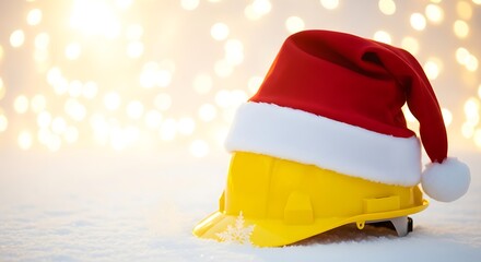 Yellow construction helmet with Santa hat on snowy surface  