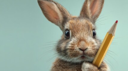 Close-up of cute rabbit holding a giant pencil on pastel mint background, education and learning theme