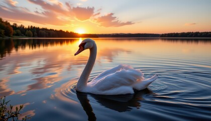Fototapeta premium Graceful Swan Swimming at Sunset Over Serene Lake Surface