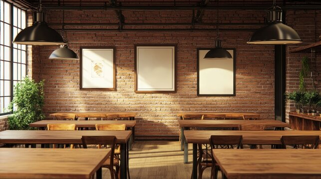 Empty restaurant with wooden tables and chairs under lights with brick wall decor