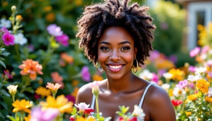 Smiling Woman with Natural Hair Surrounded by Colorful Flowers