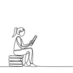Minimalist line drawing of a girl reading a book sitting on a stack of books