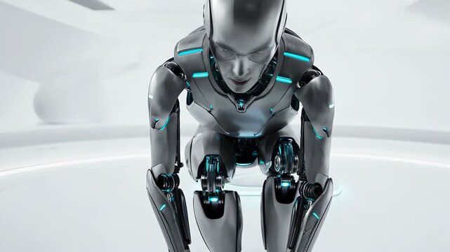 A futuristic robot in a crouching position, showcasing advanced technology and sleek design. 