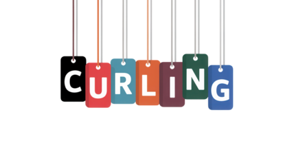 Colorful hanging tags spelling out the word curling isolated on transparent background