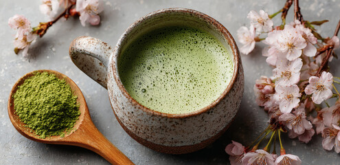 Green matcha latte in clear glass with leaf art