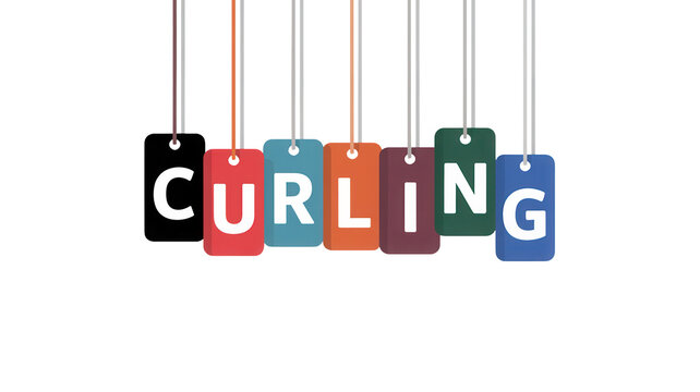 Colorful hanging tags spelling out the word curling isolated on transparent background