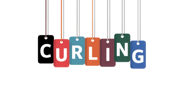 Colorful hanging tags spelling out the word curling isolated on transparent background