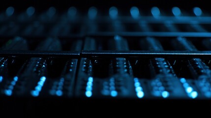 cables. Close-up view of illuminated server components in a data center with cool blue lighting. product launch decks, UI/UX mockups, designed for data visualization dashboards and holographic UIs.