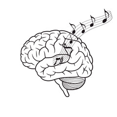 Brain with musical notes emanating from it symbolizing music and creativity