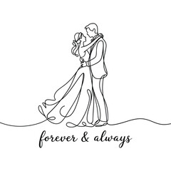 Elegant line art of a bride and groom embracing with text