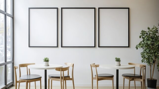 Three frames on wall over tables in restaurant with plant. For mockups or ads