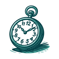 Vintage Pocket Watch Hand Drawn Linocut Illustration