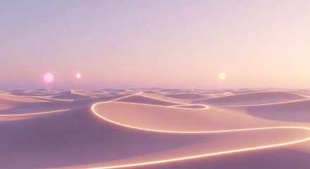 Naklejka premium Surreal Desert Dunes with Glowing Lines Under a Pastel Sky