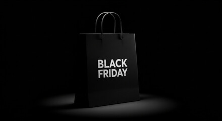 Black shopping bag with black friday text on dark background, spotlight