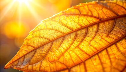 Obraz premium Close-up of a golden leaf, illuminated by bright sunlight creating a glowing effect