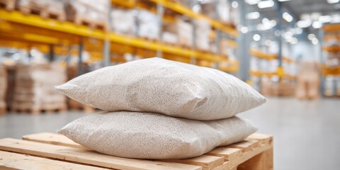 Two pillows are on a pallet in a warehouse
