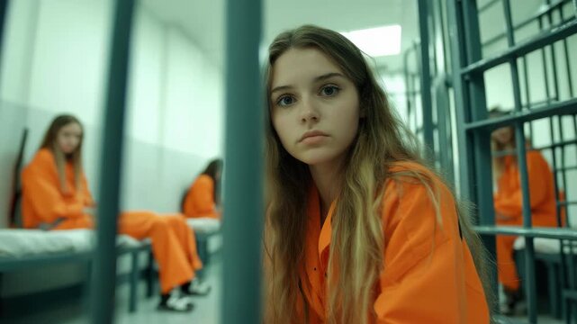 A young woman is in a prison. She wears an orange jumpsuit and sits inside her cell with metal bars. Other prisoners are also visible in the jail. This is a scene of captivity