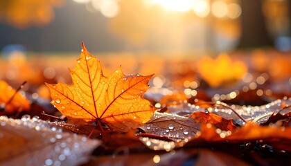 Close-up of vibrant orange fall leaves with water droplets, bathed in warm sunlight