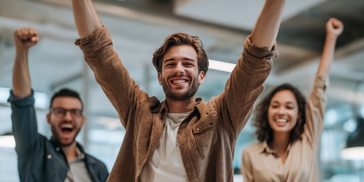 Three people are smiling and holding their hands up in the air