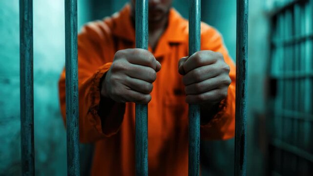 In this unsettling presentation, a person is holding on to metal bars, indicating they are a prisoner in captivity, perhaps with a jailer nearby. This presentation may relate to prison themes