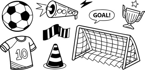 A collection of hand-drawn style illustrations of soccer-related items, arranged across a white background. The central subject is a soccer ball in the upper left corner, adjacent to a goal net. Other