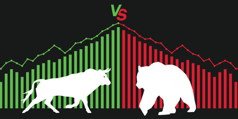 Bull and bear stock market concept vector illustration. Bullish and bearish market. Investment and business background