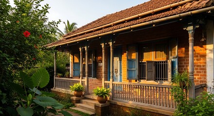 Beautiful traditional kerala style house with tiled roof and wooden pillars india