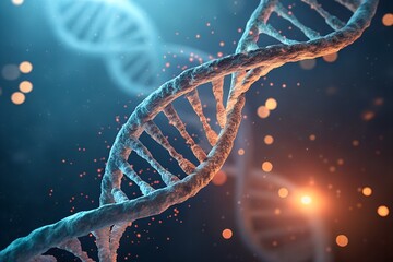 A close-up, artistic rendering of a textured DNA double helix with glowing particles and additional strands in the background, symbolizing the complexity and elegance of genetic structure.